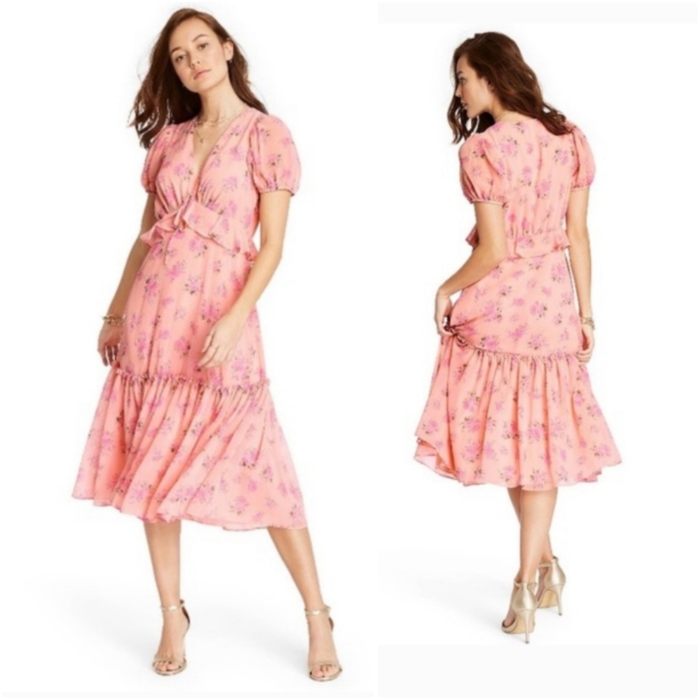 LoveShackFancy Pink Floral Ruffle Midi Dress Size 8 - Picture 1 of 12